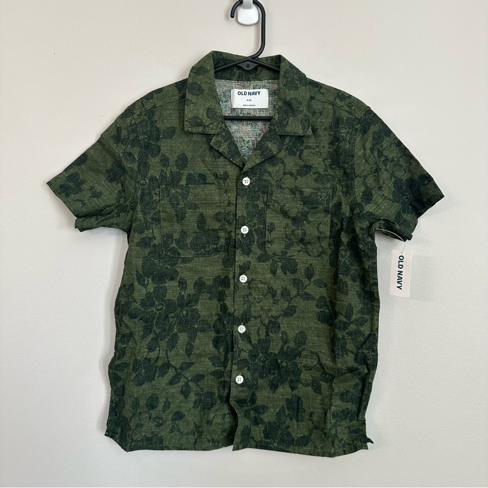 Old Navy Short Sleeve Green Linen/Cotton Blend Button Up Camp Shirt Sz M (8) NWT - Picture 2 of 8